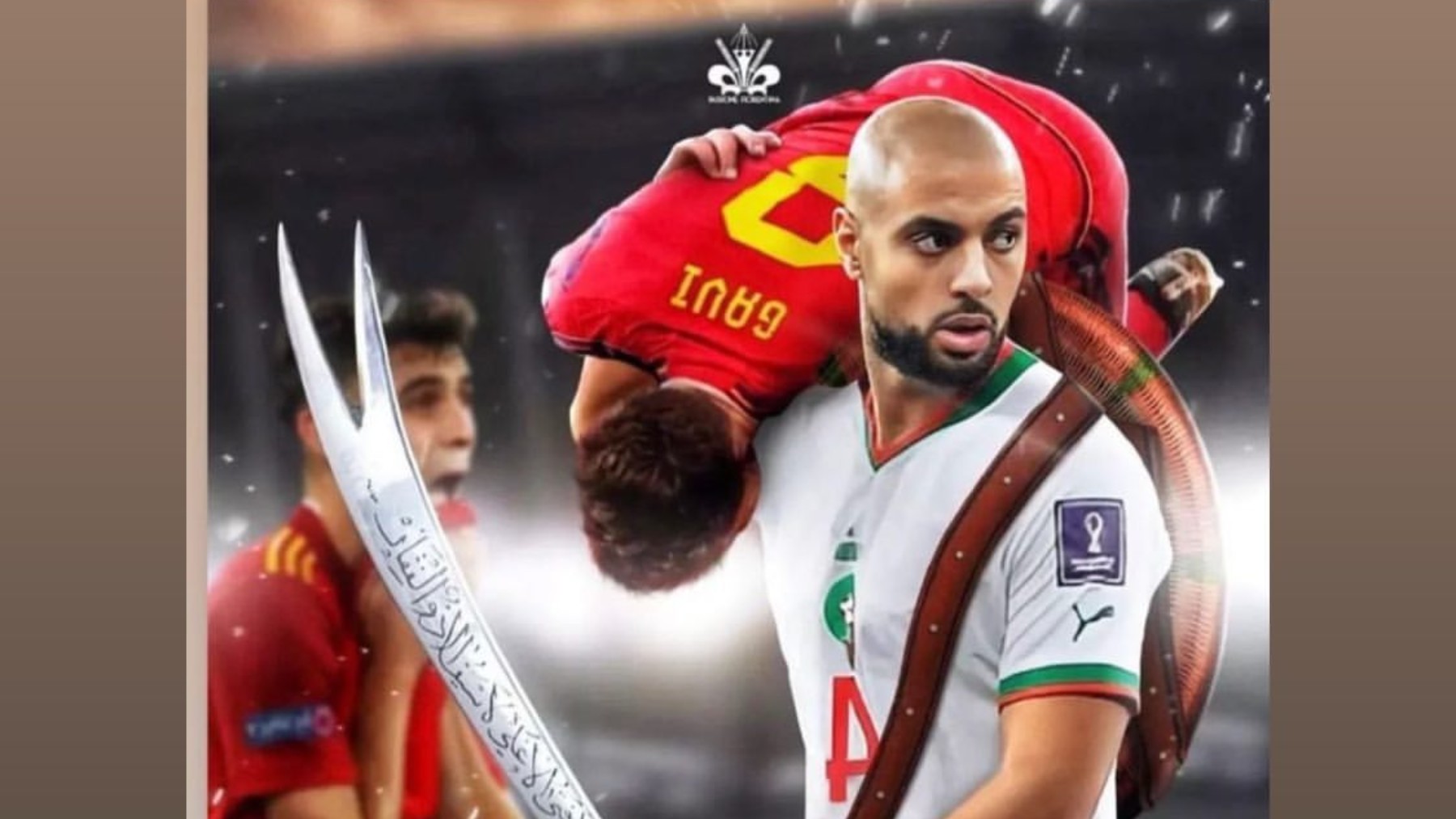 Memem de Sofyan Amrabat llevando a cuestas a Gavi con una katana en la mano.