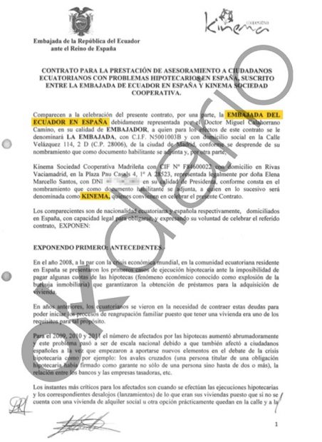 Contrato entre la Embajada de Ecuador en España y Kinema, la cooperativa de Podemos, del año 2014.