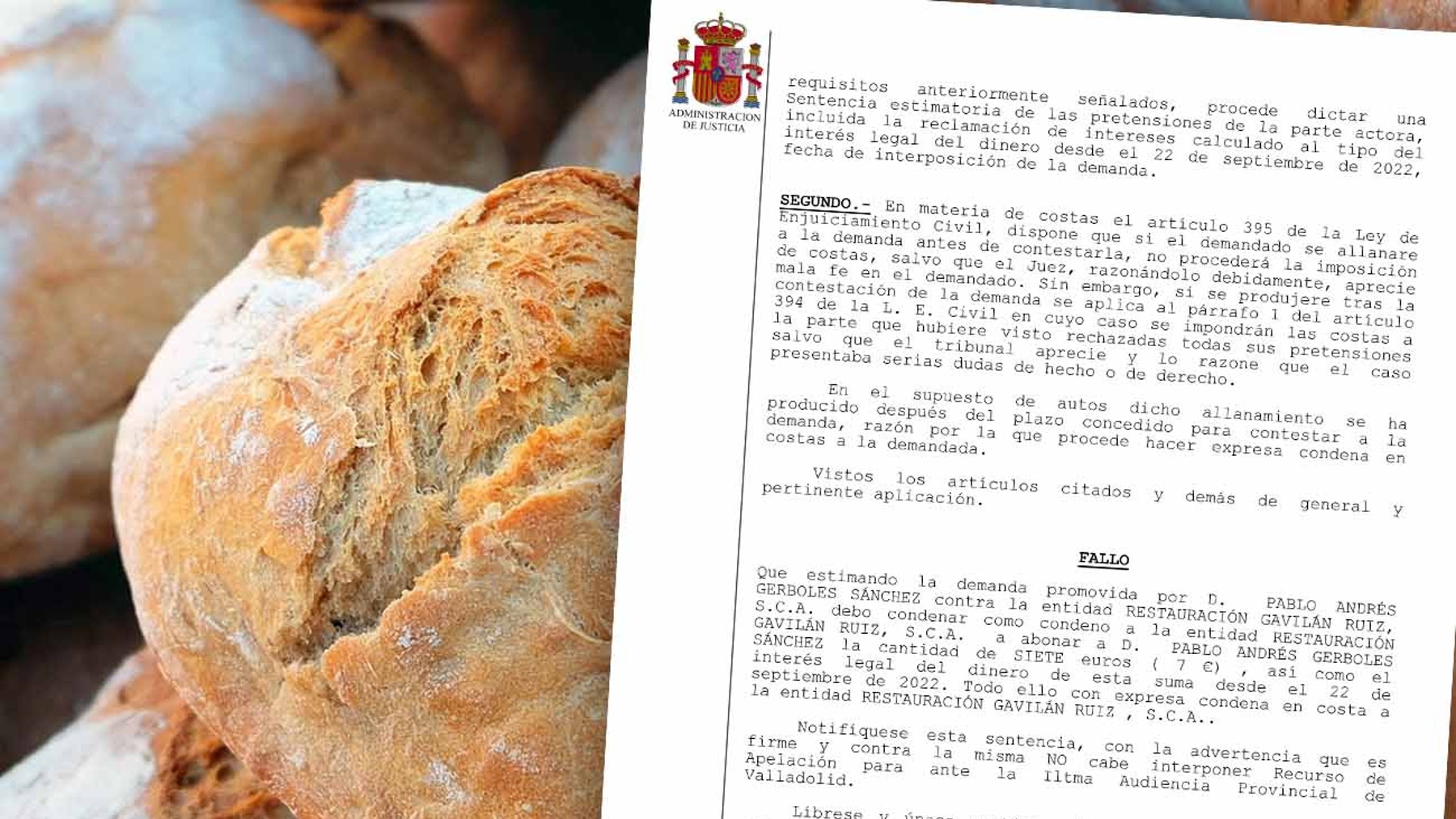Condenado un restaurante de Almería a devolver los 7 euros que cobró por el pan a un cliente (FACUA).