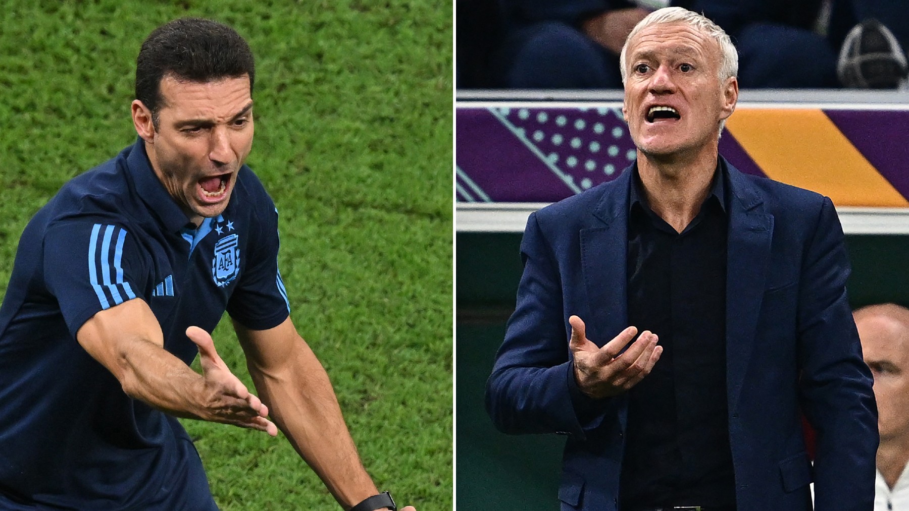 Scaloni y Deschamps, los entrenadores de la final del Mundial. (AFP)