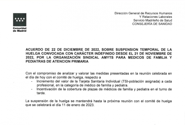 Suspensión temporal de la huelga de Atención Primaria en Madrid.