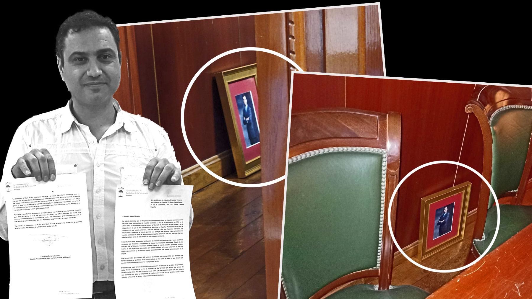 El alcalde comunista de Bolullos, Fernando Soriano, y el cuadro del Rey en el suelo (PP Bolullos).