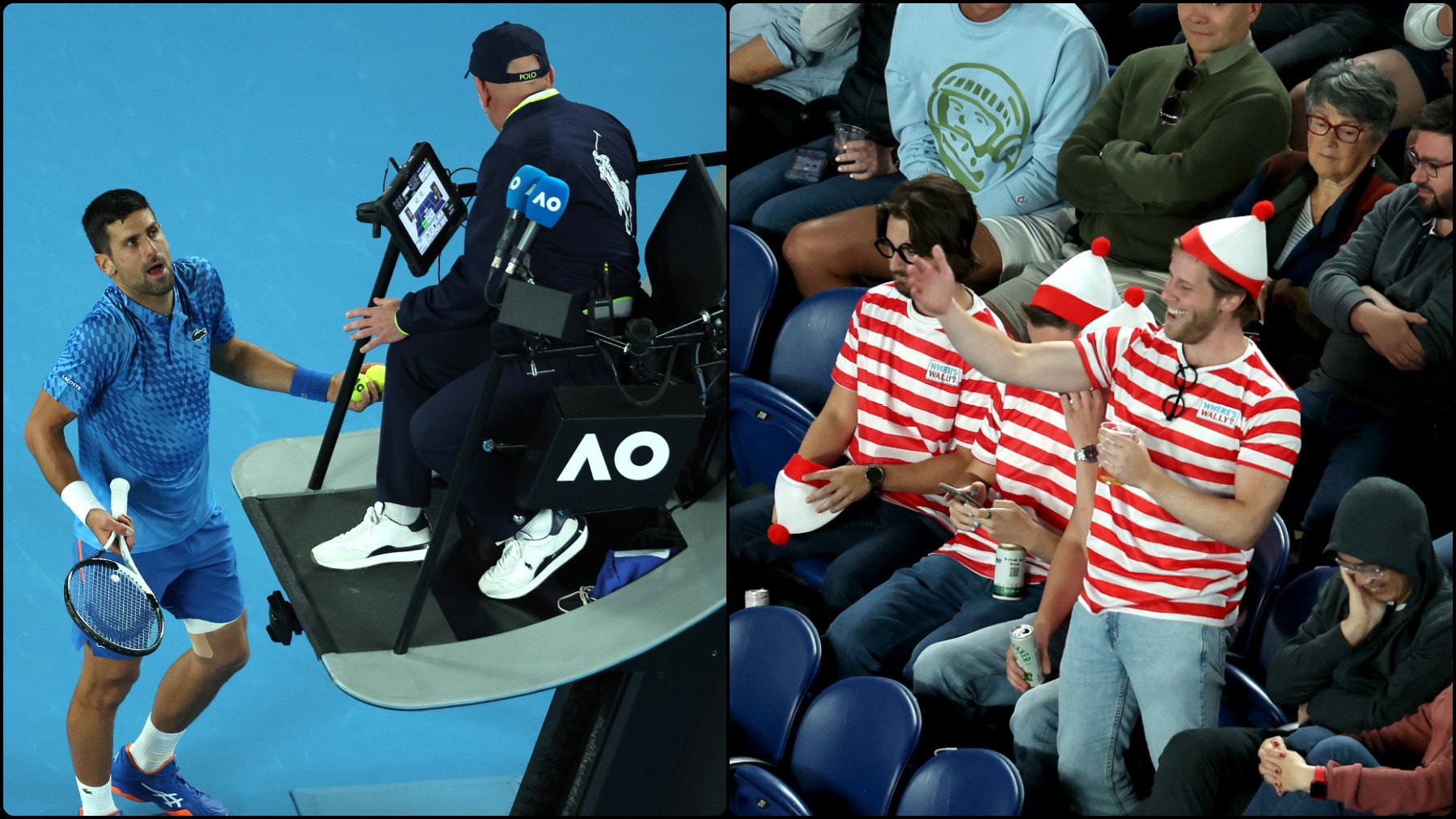 Novak Djokovic y el aficionado que le increpó desde la grada en el Open de Australia. (Fotos: Getty)