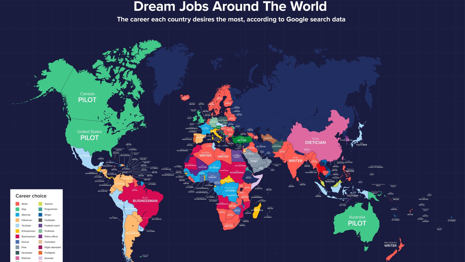 El mapa que desvela cuál es la profesión más soñada en cada país: no te imaginas la de España