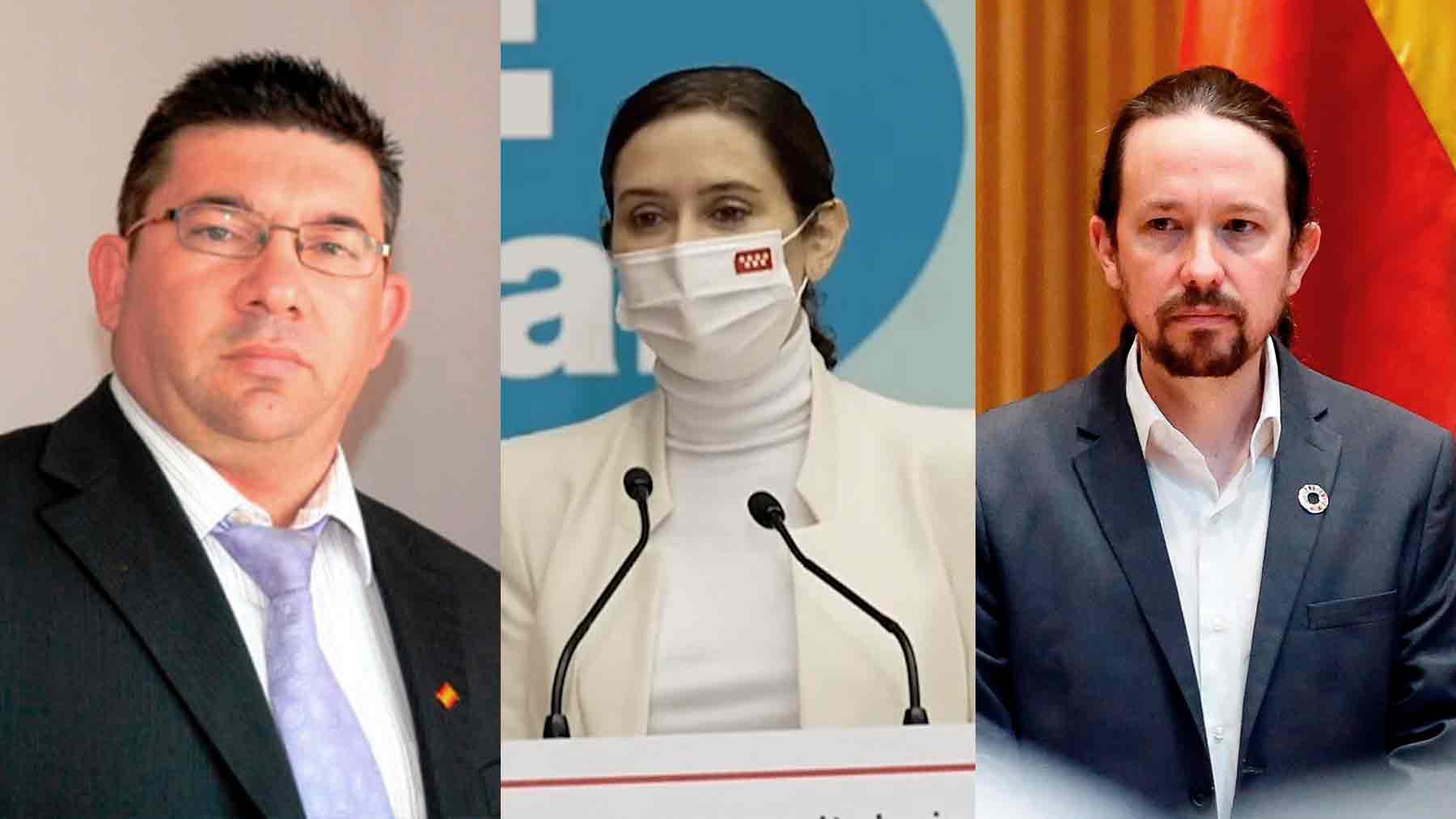 José María Saiz, Isabel Díaz Ayuso y Pablo Iglesias.