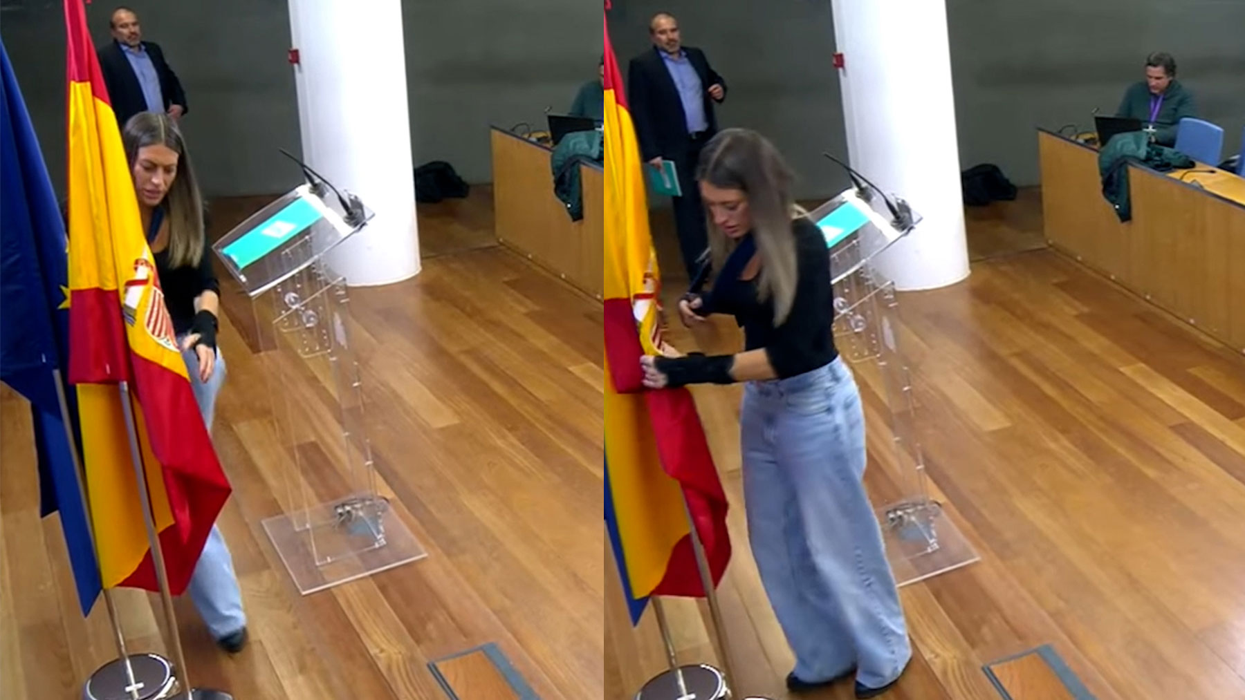 La portavoz de JxCAT Miriam Nogueras, apartando la bandera de España en el Congreso del que es diputada.
