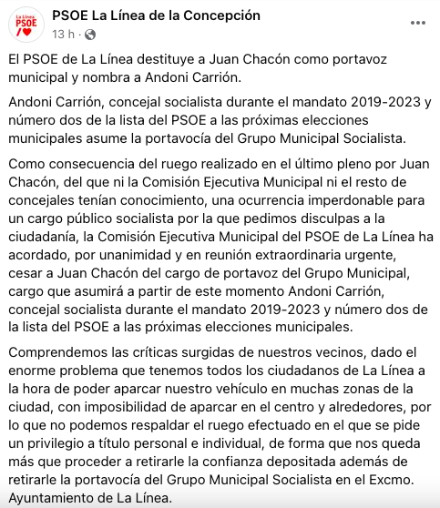 El PSOE de La Línea destituye a su portavoz municipal tras quedar en ridículo en el último Pleno