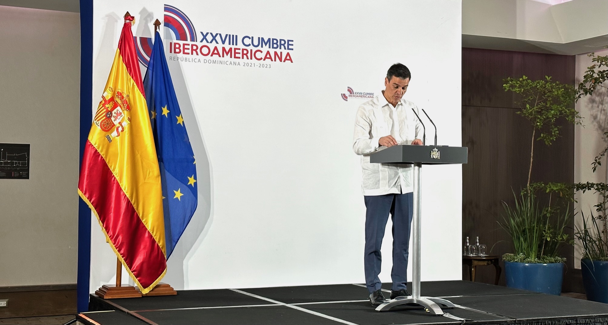 El presidente del Gobierno, Pedro Sánchez, en la comparecencia posterior a la Cumbre Iberoamericana de Santo Domingo. Foto: Joan Guirado