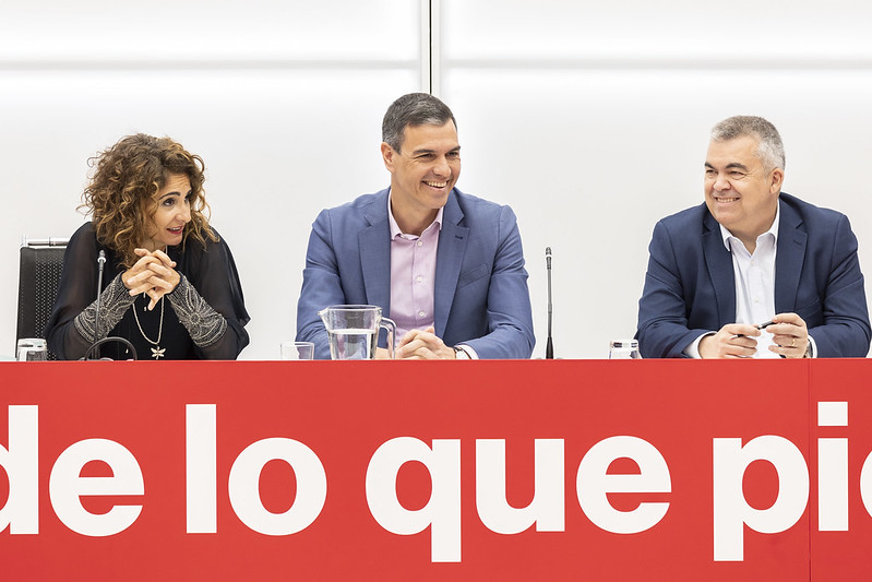 Sánchez, junto a Montero y Cerdán, durante la Ejecutiva Federal de este lunes.