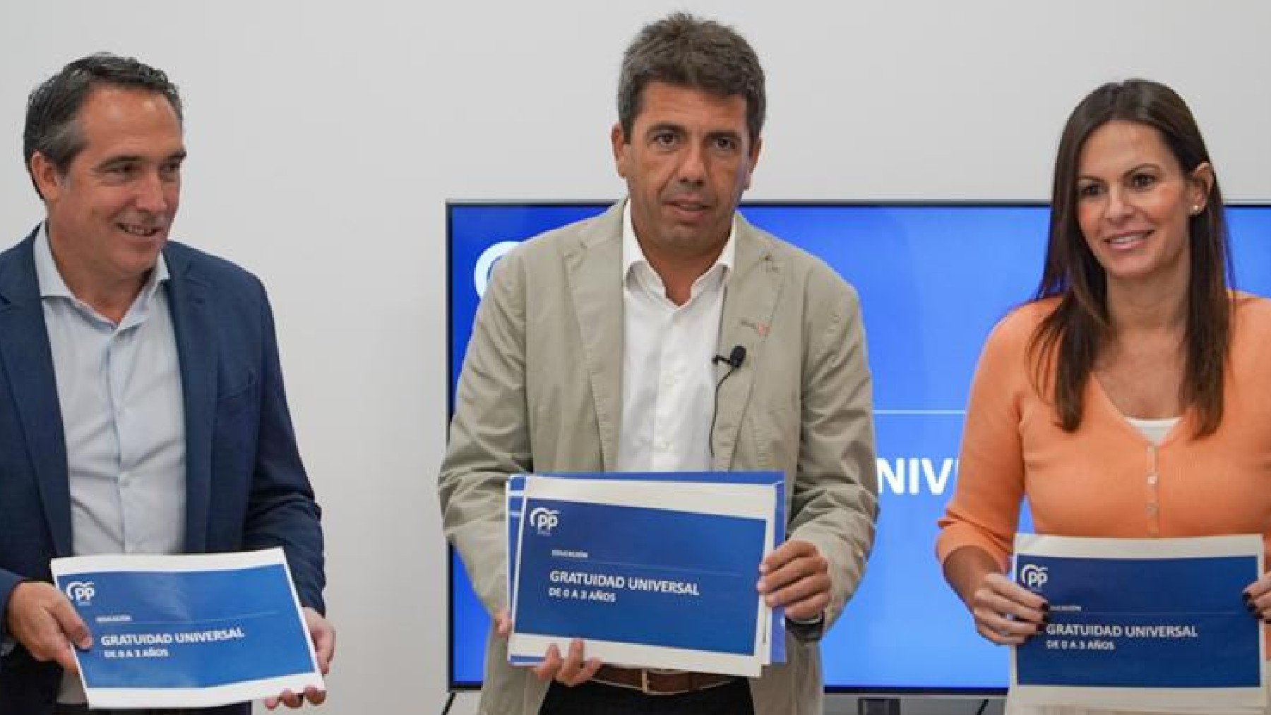 Rubén Ibáñez, Carlos Mazón y Beatriz Gascó en la presentación del proyecto de gratuidad del PP en la Educación Infantil de 0 a 3 años, en septiembre de 2022.