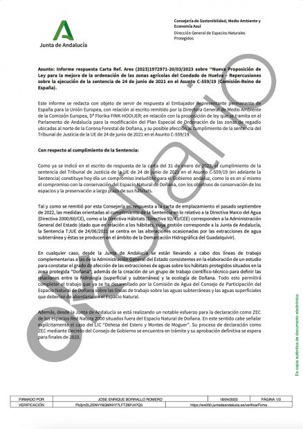 Andalucía niega a Bruselas que vaya a haber amnistías para infractores y asegura que «Doñana no se toca»