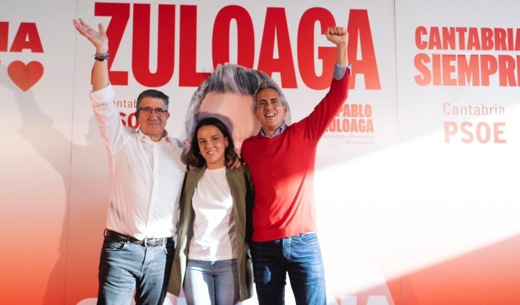 Patxi López, Lydia Terán y Pablo Zuloaga en el acto de Reocín.