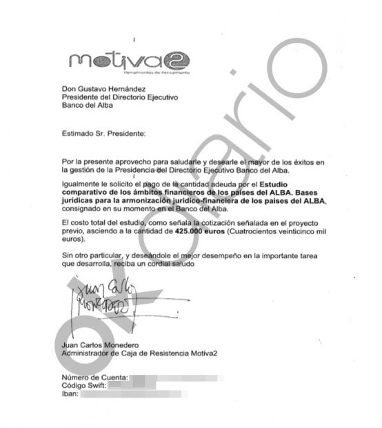 Carta presentada por Juan Carlos Monedero al banco para justificar el cobro de 425.000 euros procedentes de Venezuela.