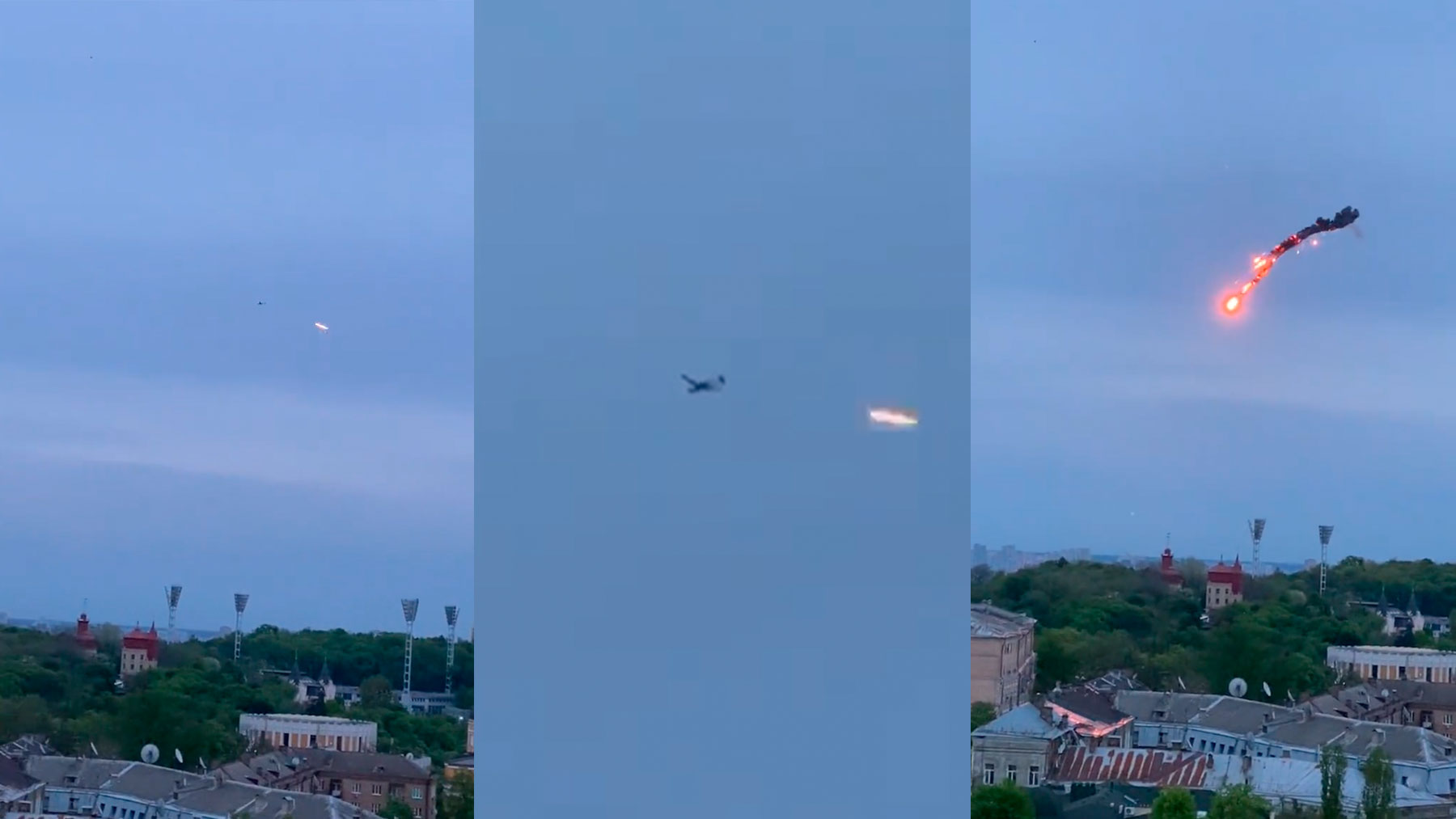 Impactante momento en que Ucrania derriba un dron ruso que sobrevolaba Kiev