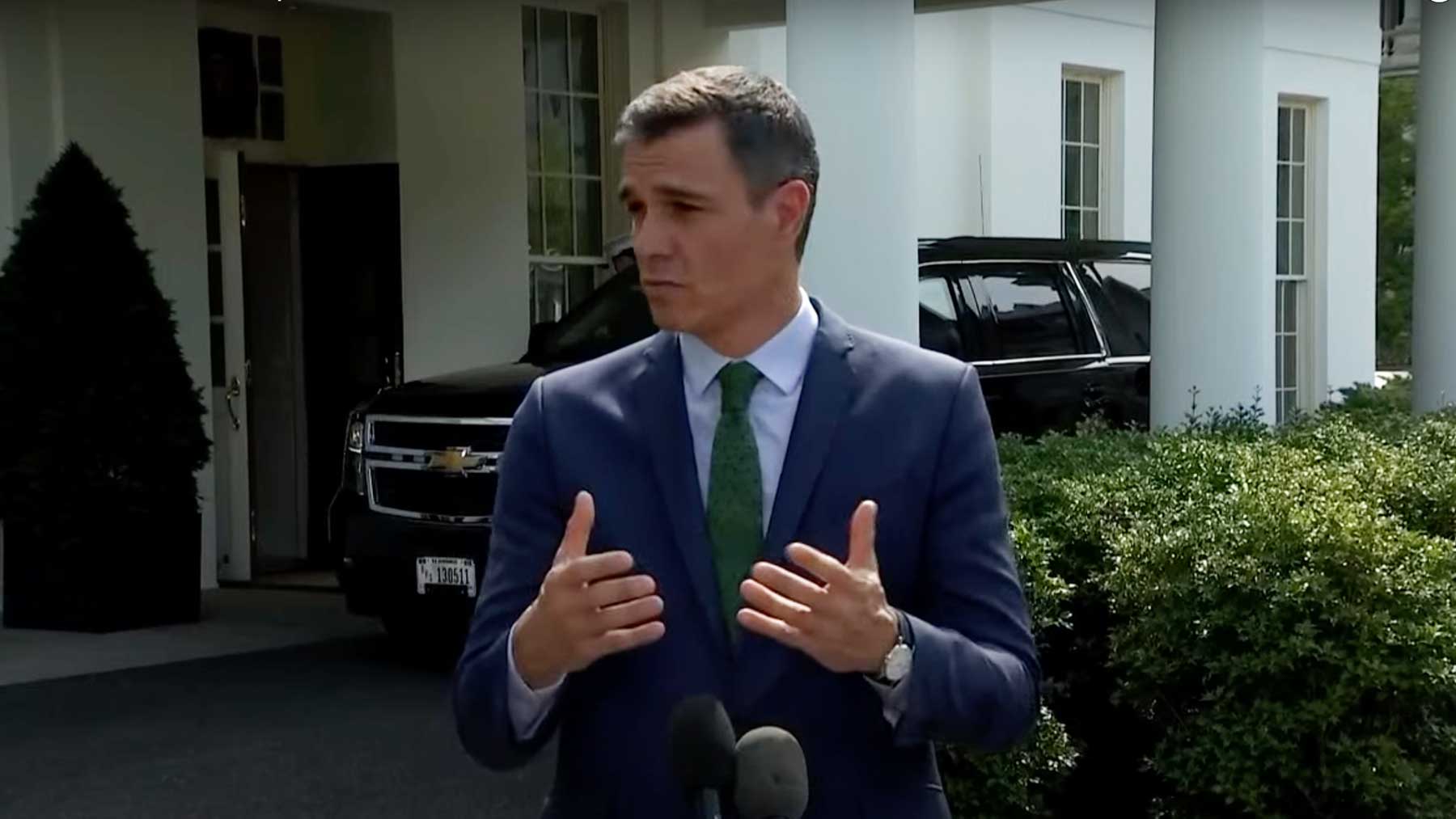 Pedro Sánchez en la rueda de prensa de la Casa Blanca.