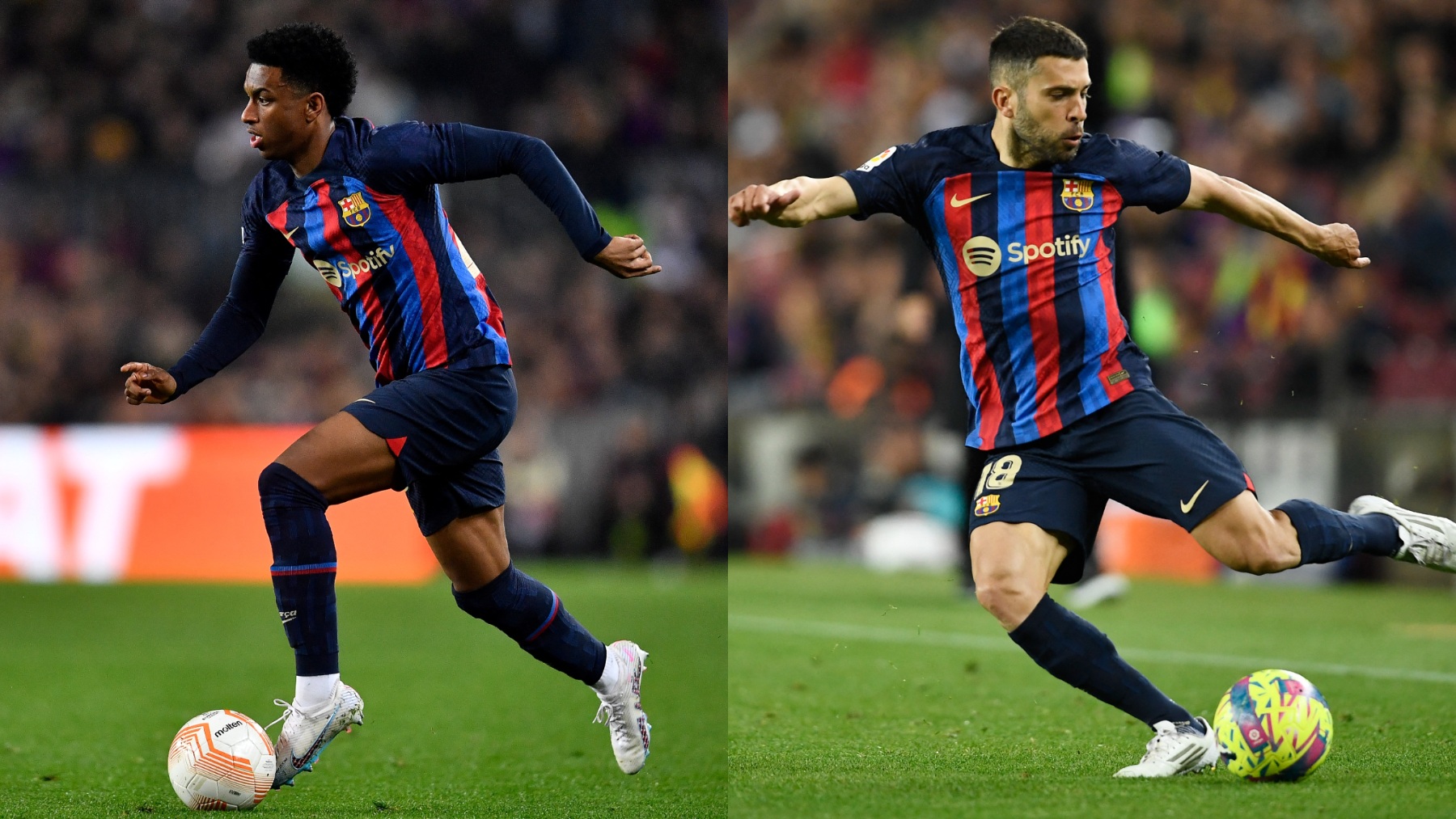 Alejandro Balde y Jordi Alba, jugadores del Barcelona. (AFP)