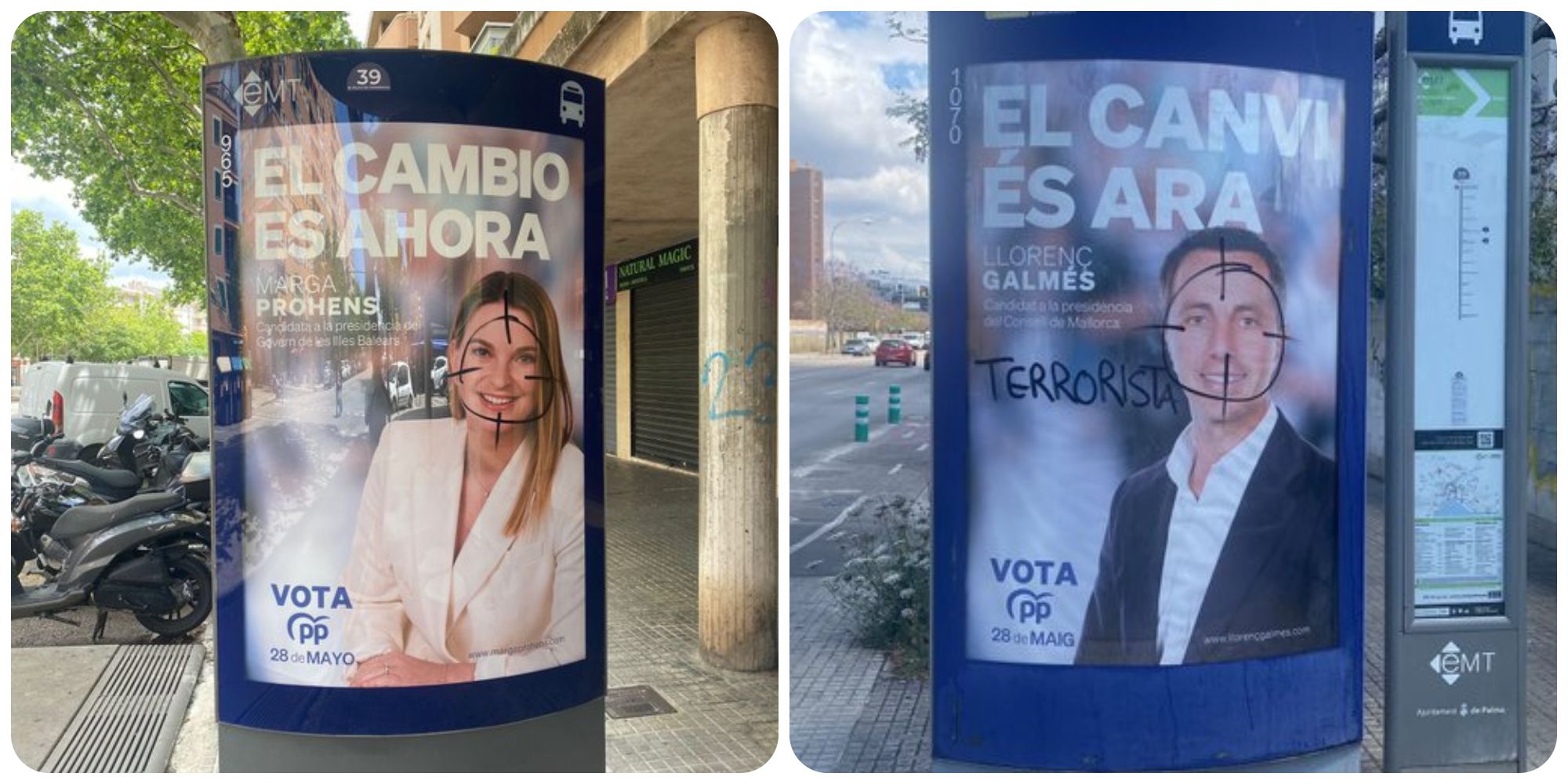 Carteles electorales del PP con pintadas amenazantes.