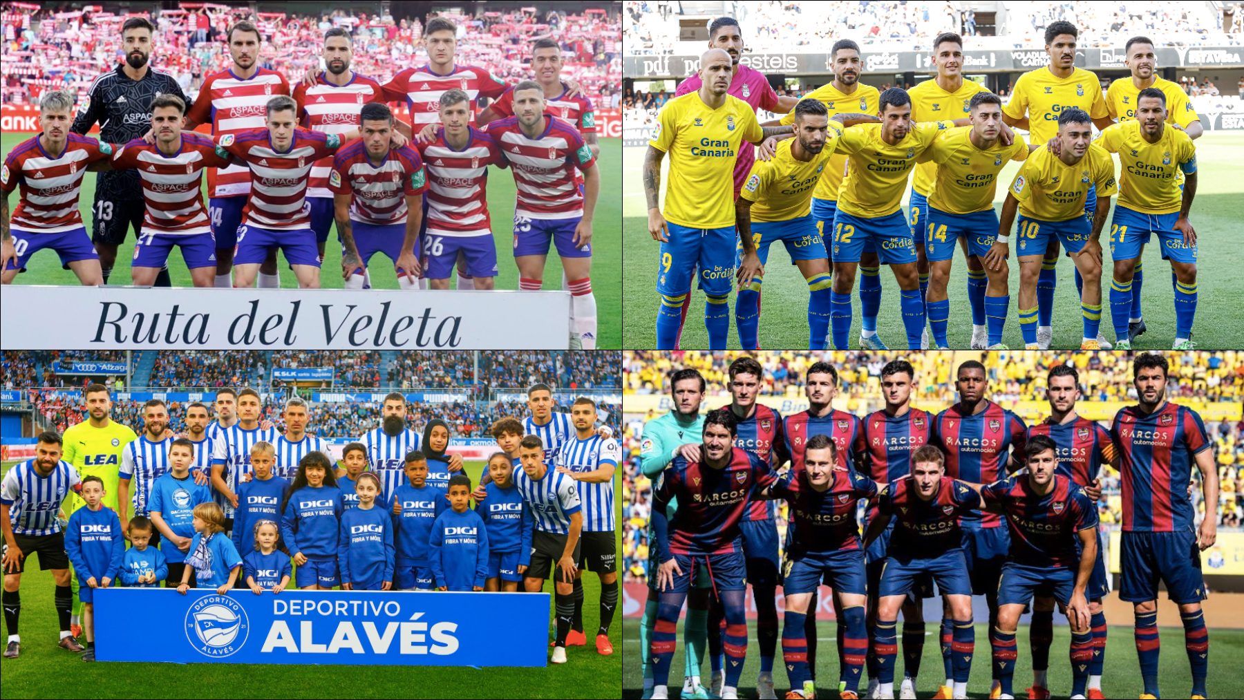 Granada, Las Palmas, Deportivo Alavés y Levante, los cuatro equipos con opciones de ascenso directo a Primera División.