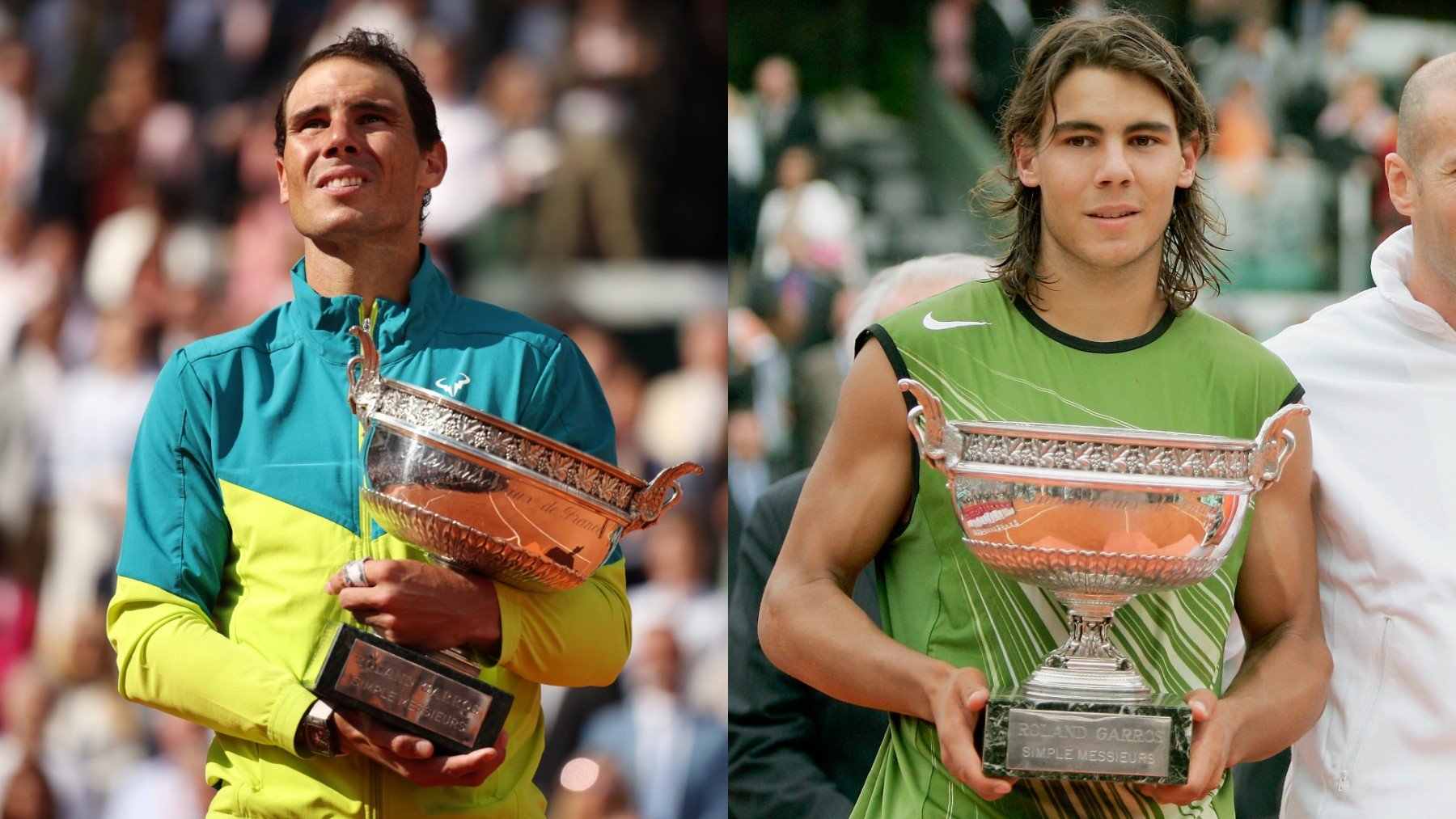 Rafa Nadal en la actualidad y de joven.