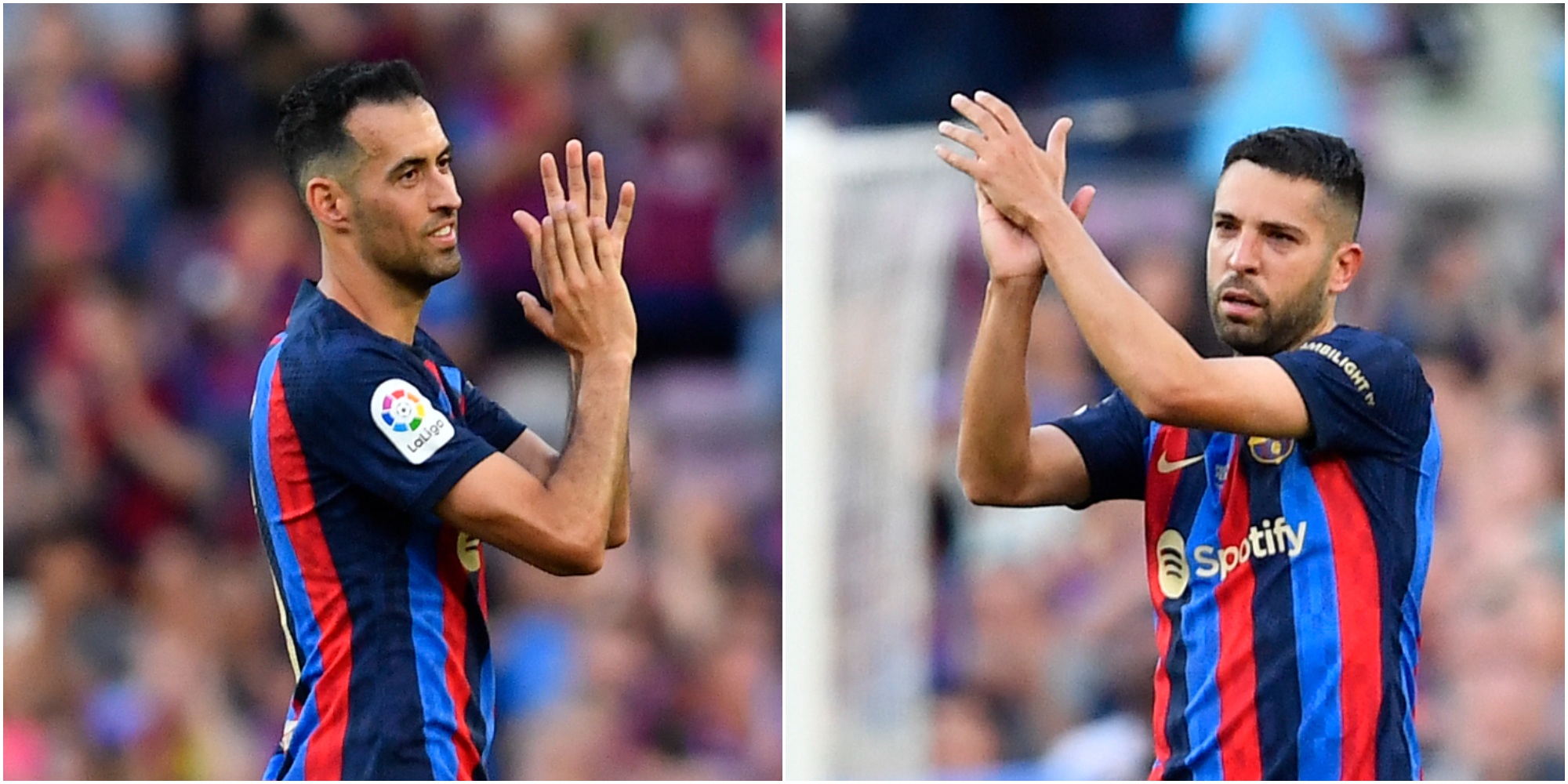 Sergio Busquets y Jordi Alba se despiden del Camp Nou. (AFP)