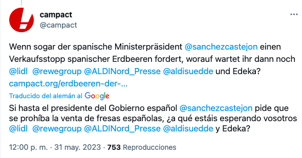 La asociación alemana que alienta el boicot a la fresa de Huelva: «Si hasta Pedro Sánchez lo pide…»