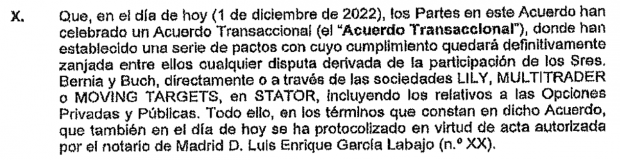 El Expositivo X del 'Acuerdo Transaccional con Liquidación' podría convalidar otras actuaciones de Buch y Bernia