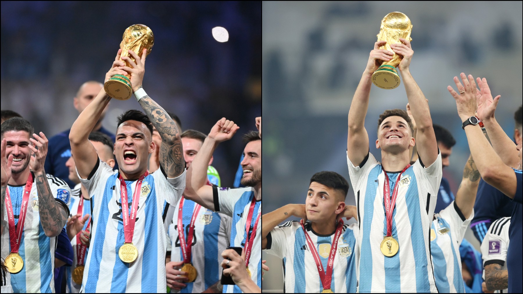 Lautaro y Julián Álvarez tras levantar la Copa del Mundo
