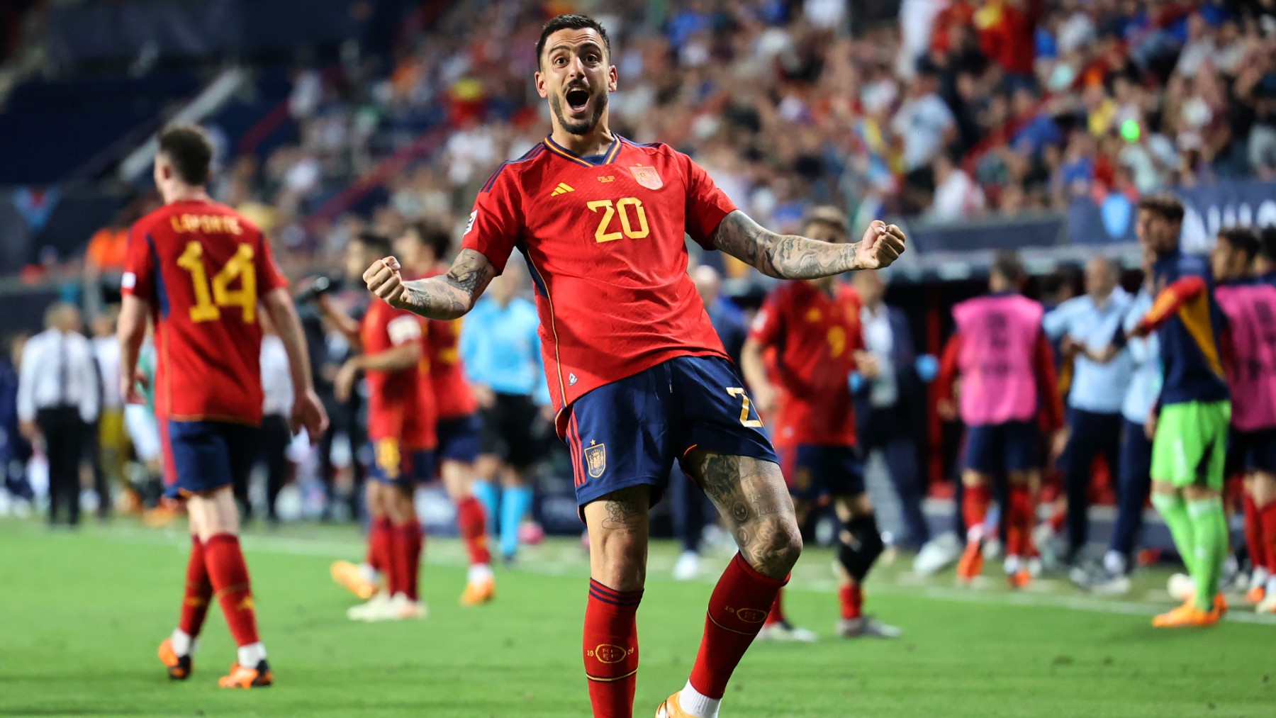 Joselu celebra un gol de España. (Getty)
