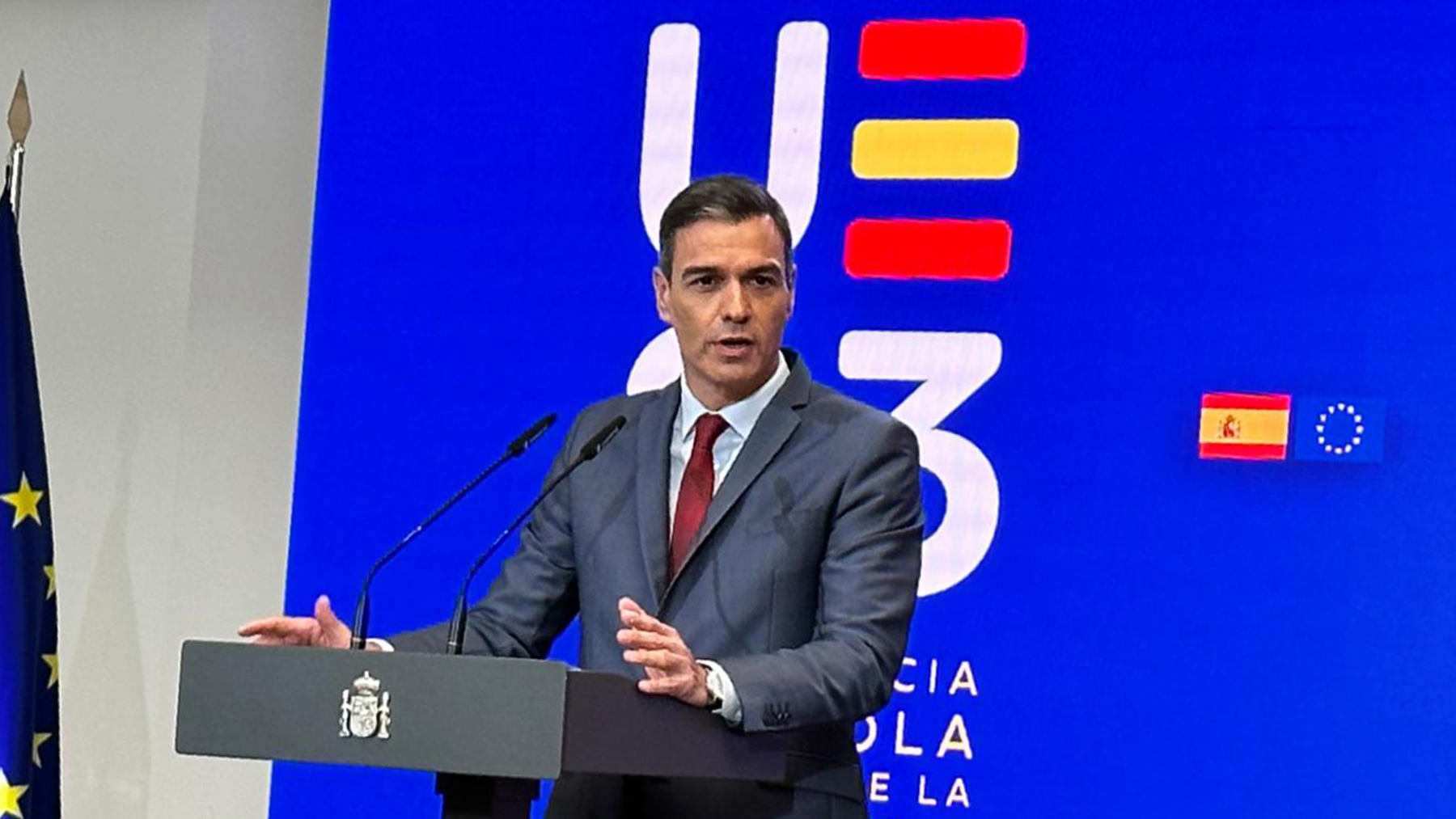 El presidente del Gobierno, Pedro Sánchez, presentando los objetivos de la presidencia española de la UE en La Moncloa. Foto: Joan Guirado