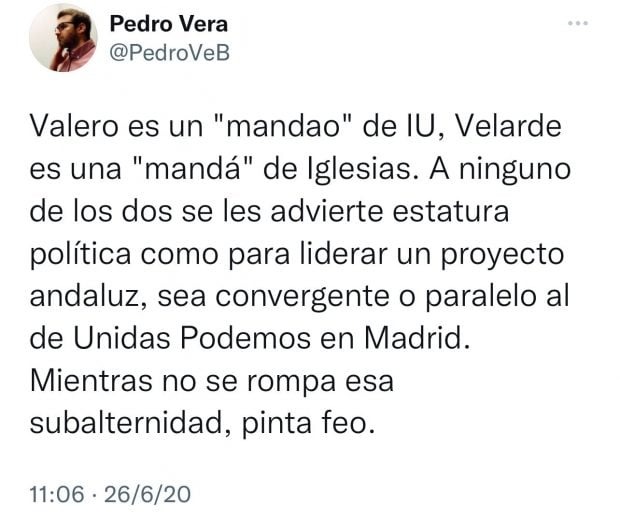 Tuit de Pedro Vera contra Martina Velarde.