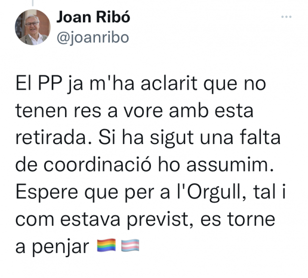 Ribó ya reconoce que fueron ellos mismos los que quitaron la bandera LGTB tras acusar al PP