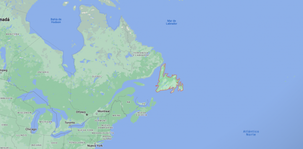 Mapa de los alrededores de Terranova, en Canadá.