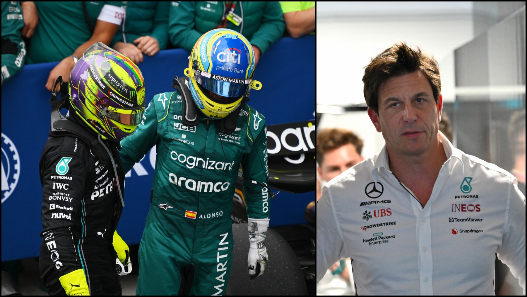 Toto Wolff, director de Mercedes, y Fernando Alonso y Hamilton. (AFP)
