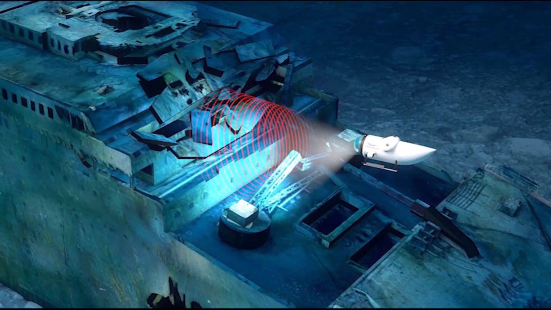 Recreación del sumergible Titan sobre el Titanic.