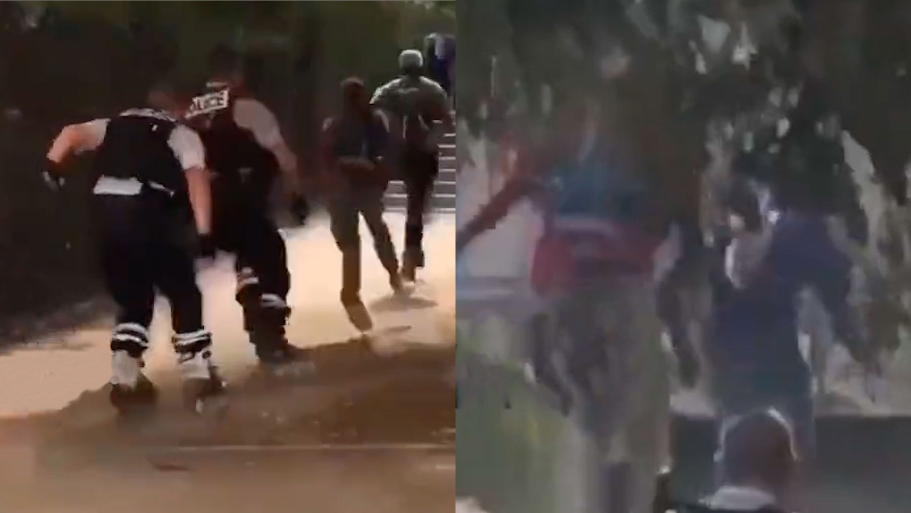 Dos policías franceses persiguiendo sobre patines a unos delincuentes