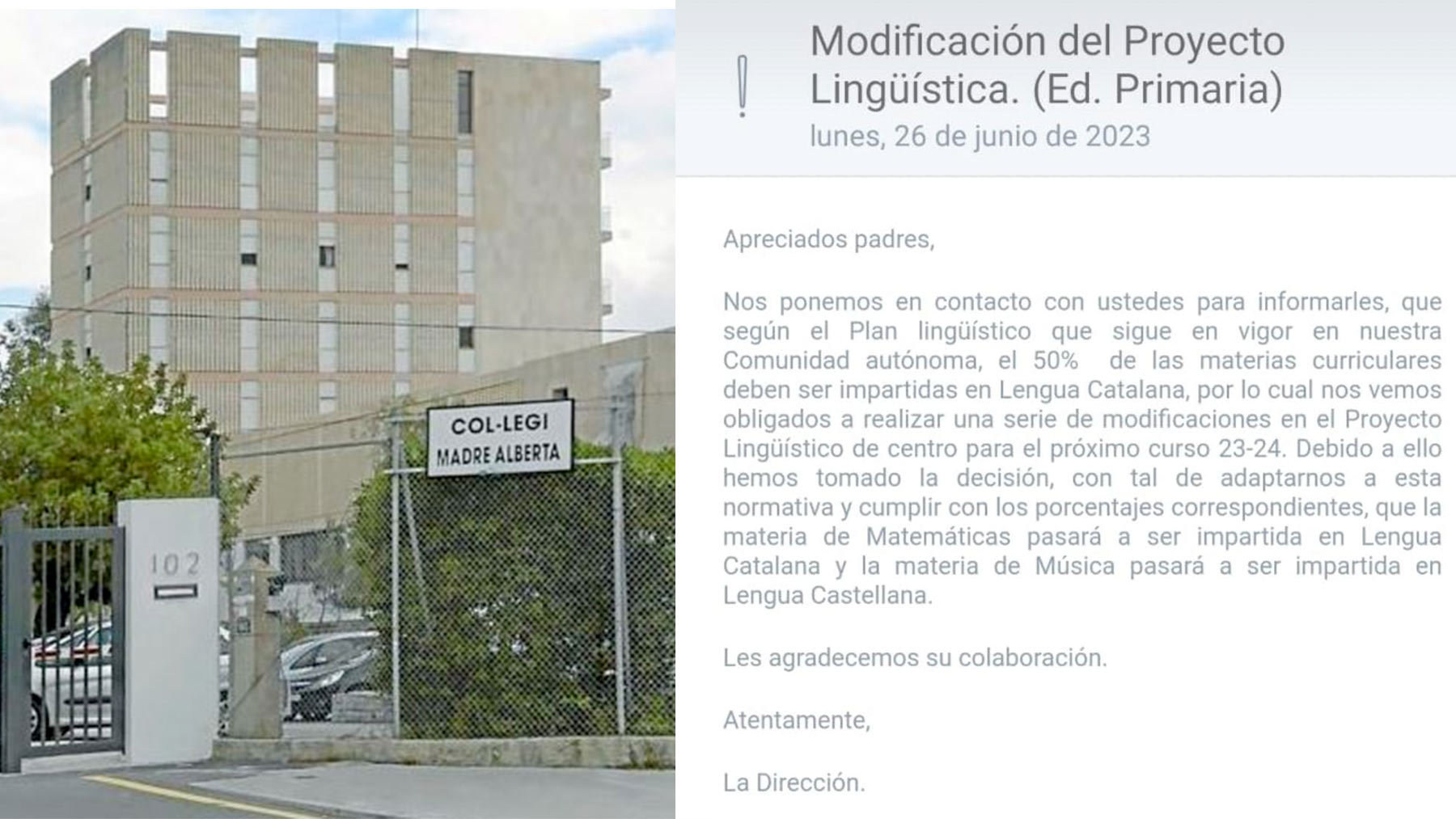Entrada del colegio Madre Alberta y la notificación enviada a los padres.