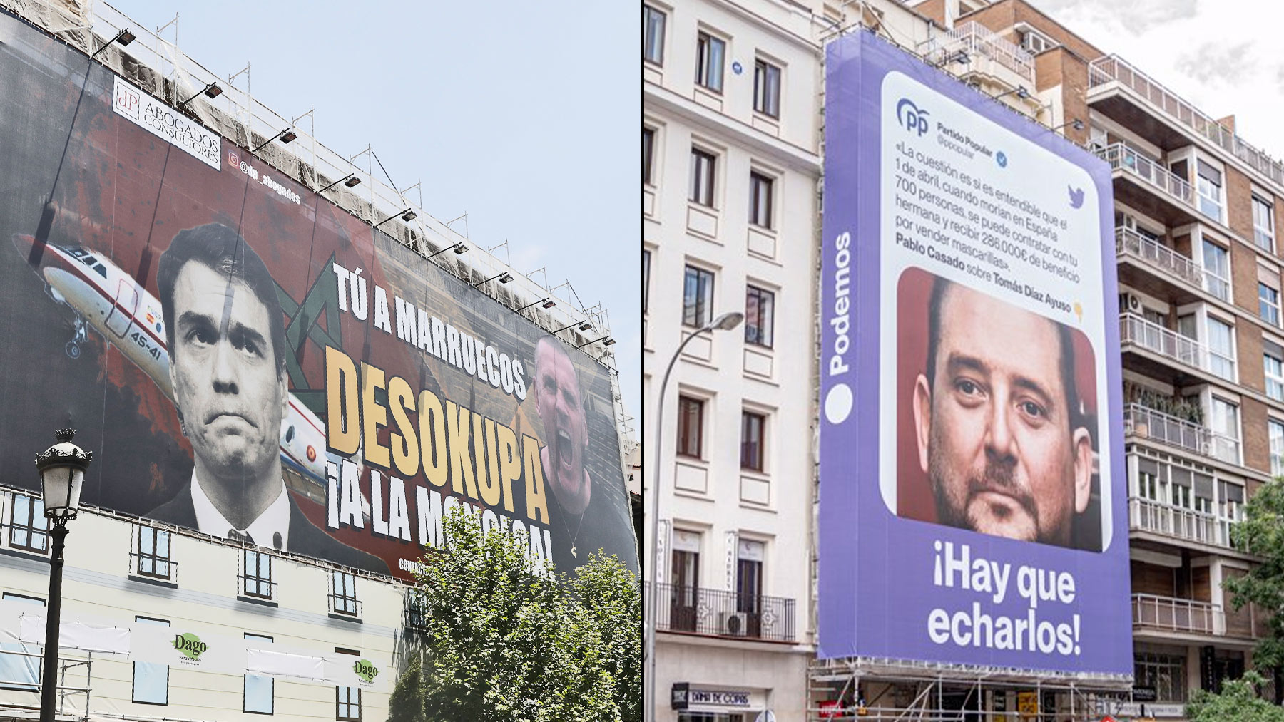 El cartel de Desokupa y el de Podemos.