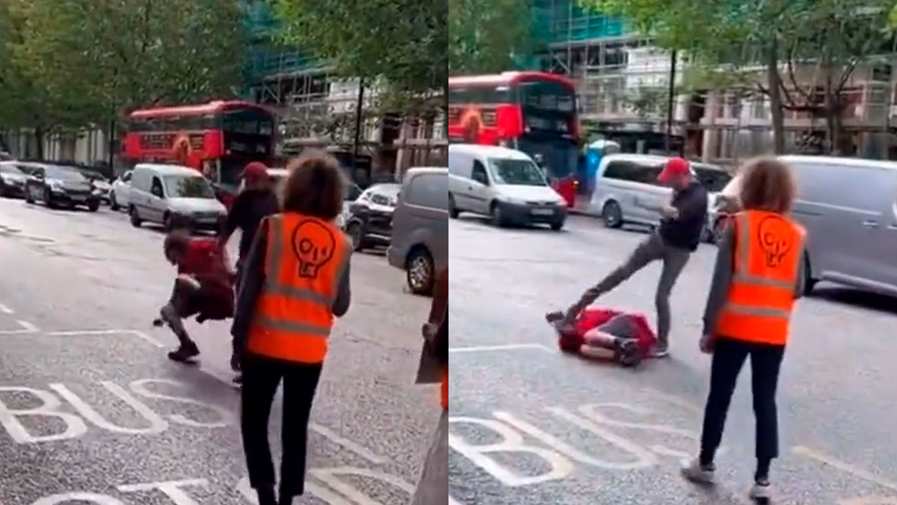 Un británico patea a un activista climático en una calle de Londres