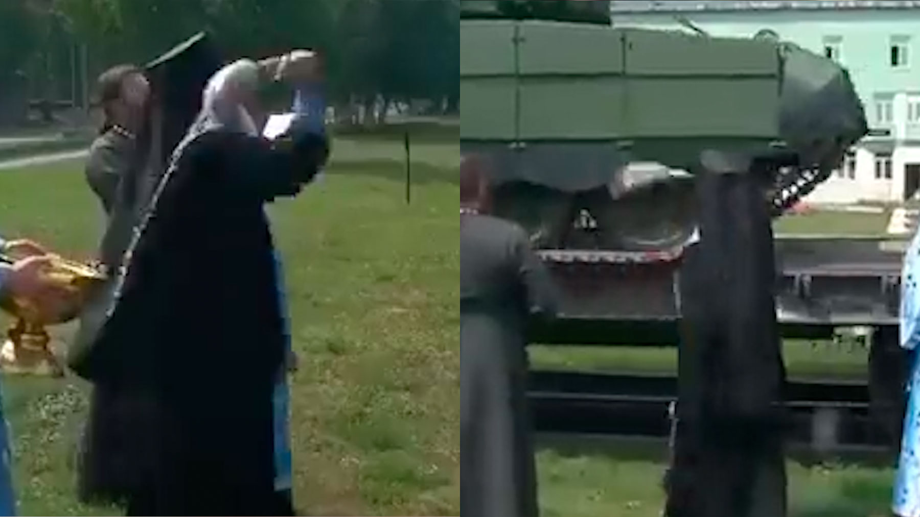 Un sacerdote ortodoxo ruso bendice tanques que van a la guerra