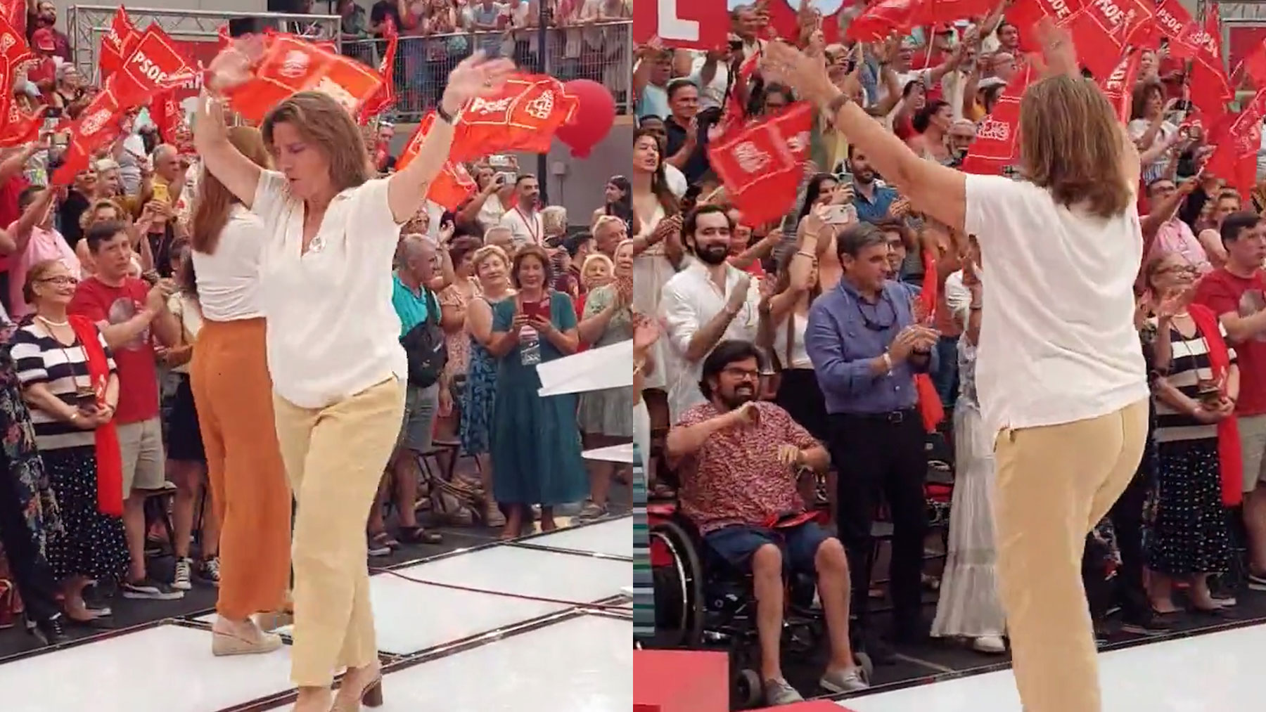 Ribera baila como una ‘cheersleader’ desatada para animar a la audiencia del mitin de Sánchez