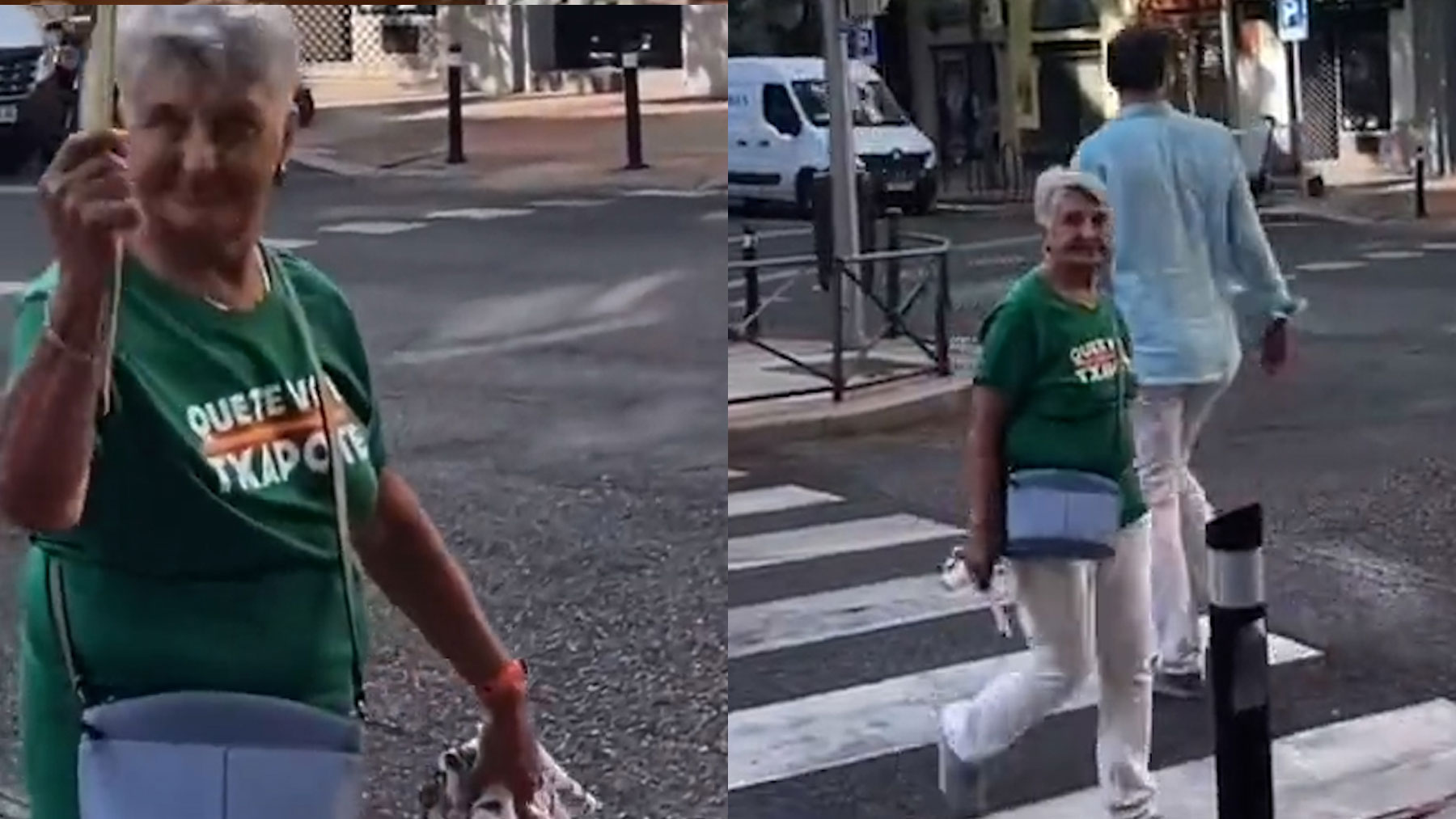Una mujer con la camiseta de «¡Que te vote Txapote!» enfrente de Ferraz.