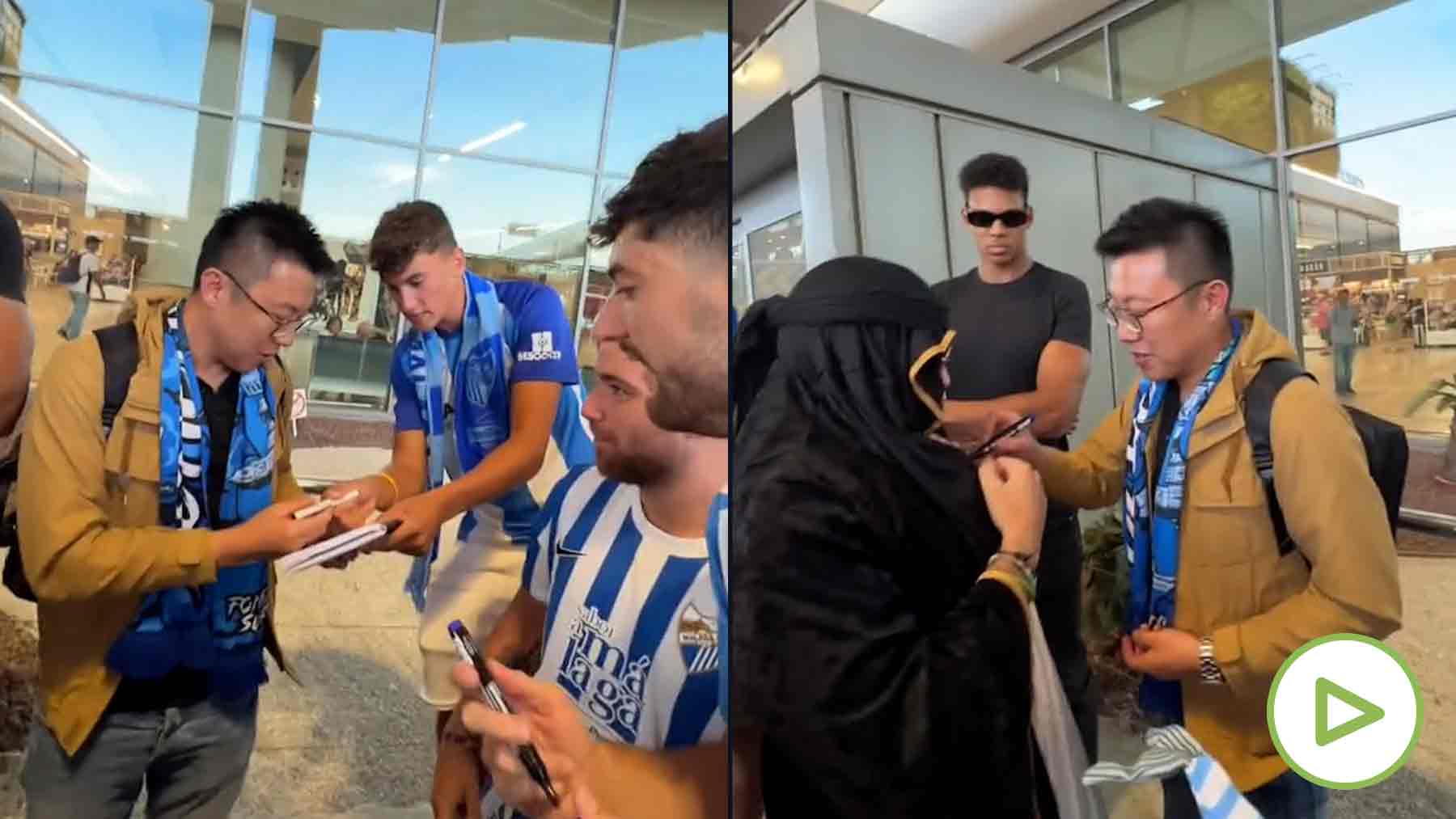 Unos amigos reciben a un desconocido en un aeropuerto como si fuera famoso  y le hacen firmar autógrafos