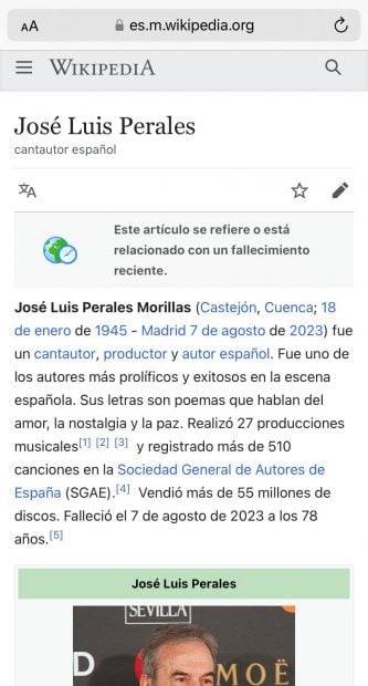 Muerte de José Luis Perales en Wikipedia.