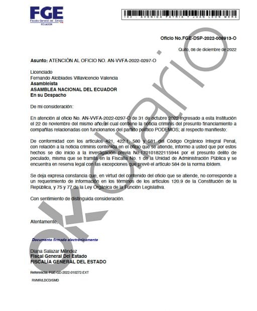 Escrito de la Fiscalía de Ecuador.