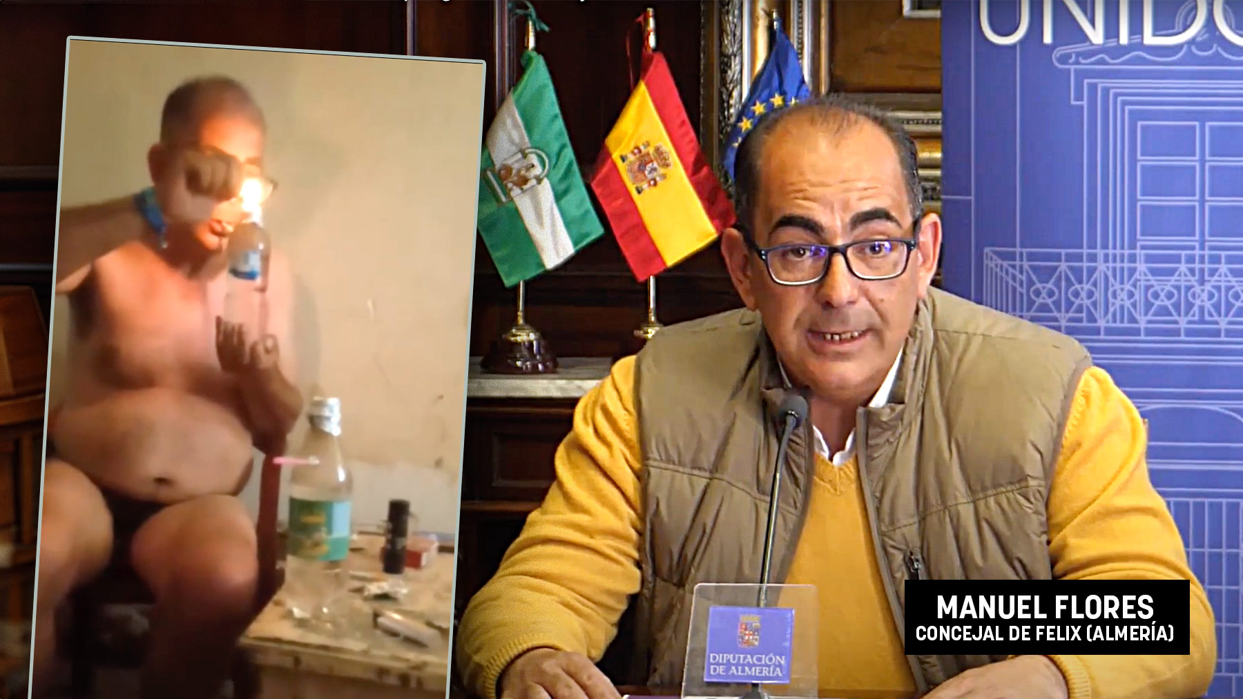 Manuel Flores, concejal de Felix, en un Pleno y en el polémico vídeo.