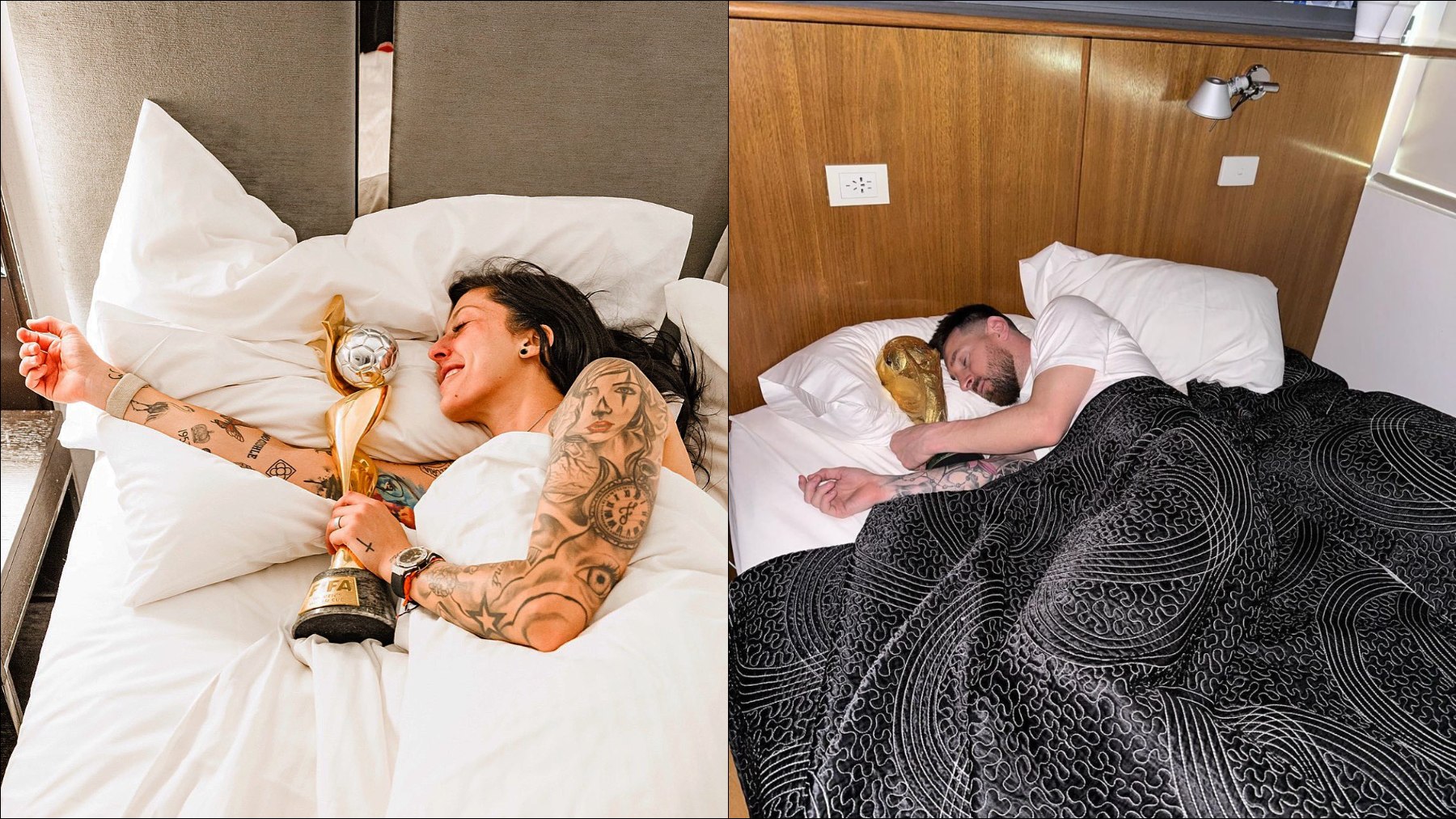 Jennifer Hermoso y Leo Messi durmiendo junto a la copa del mundo.