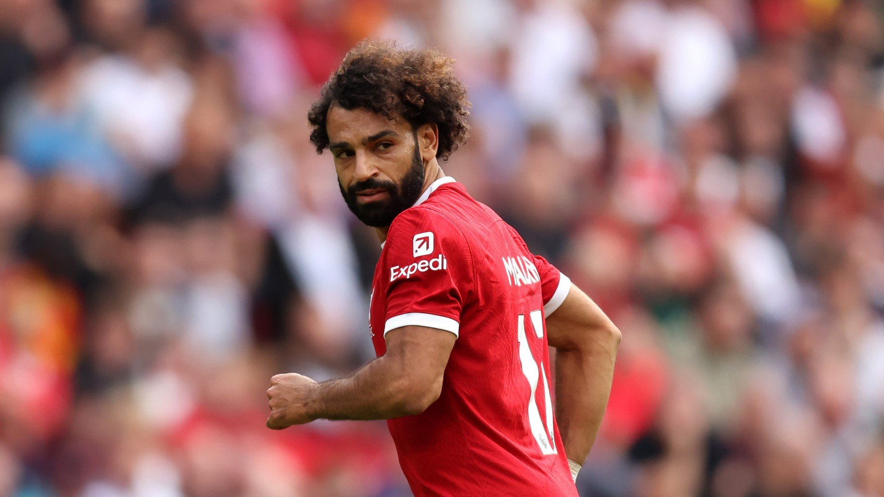 Salah durante un partido con el Liverpool (Getty)