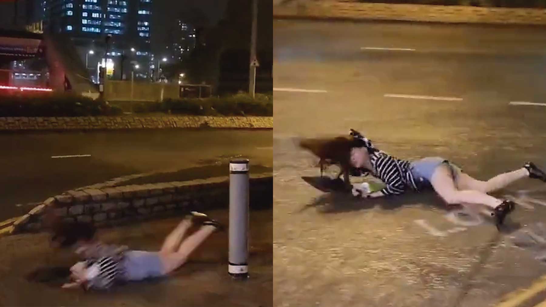 Una fuerte ráfaga de viento del tifón Saola arrastra a una mujer por la calle