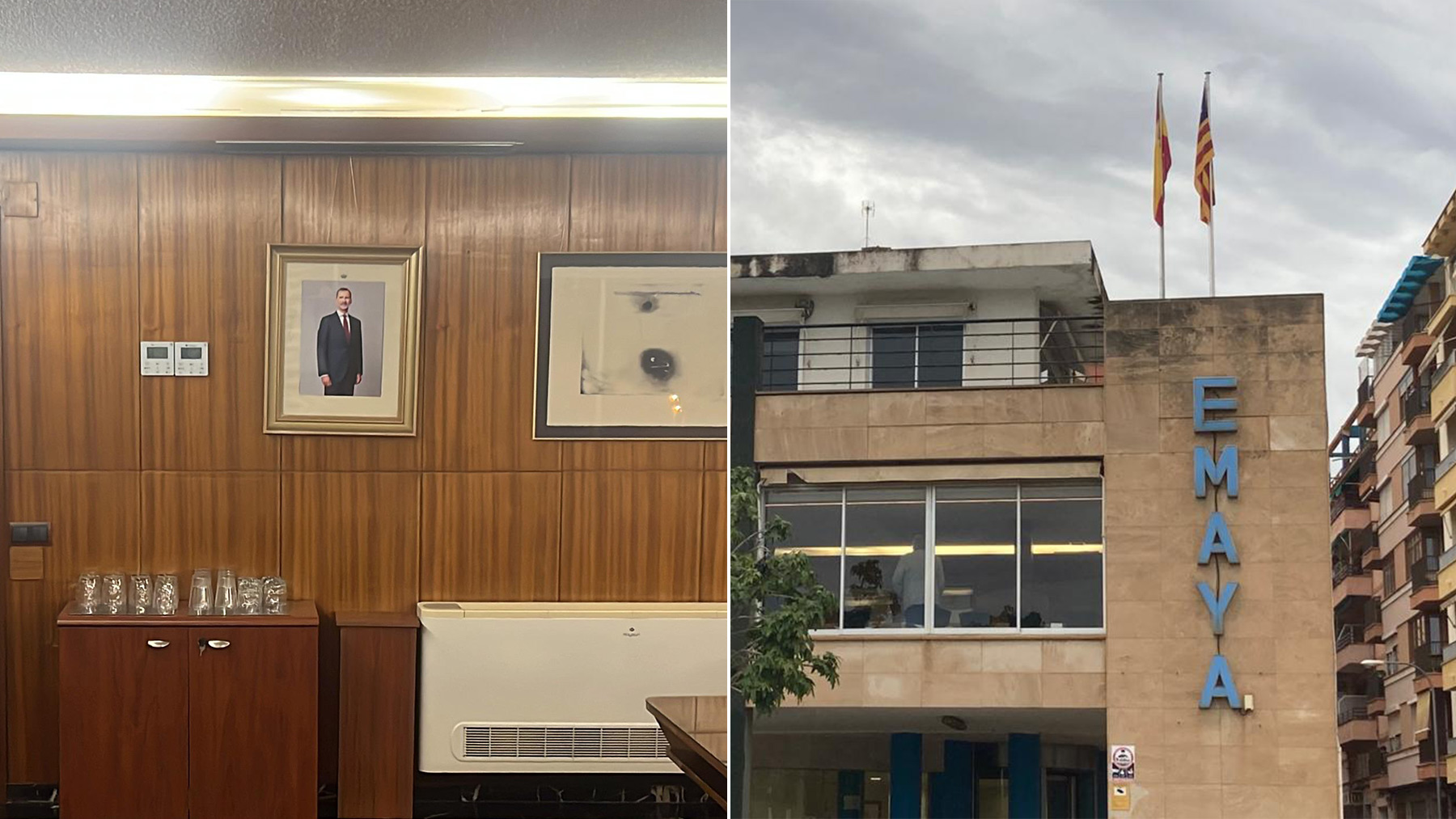 Foto del rey y las banderas en la fachada de Emaya.