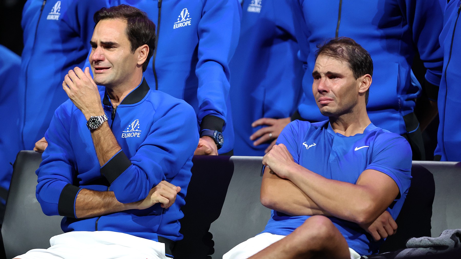 Roger Federer y Rafa Nadal, en una edición pasada de la Laver Cup. (Getty)
